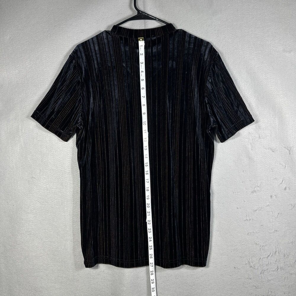 Krush Mens L Black Velvet Striped V-Neck Shirt VTG - Picture 7 of 9
